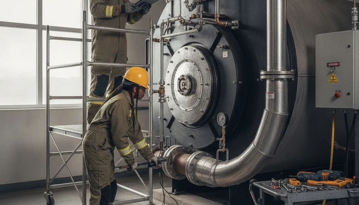 Boiler repair technician servicing a Knoxville, TN home heating system for emergency plumbers