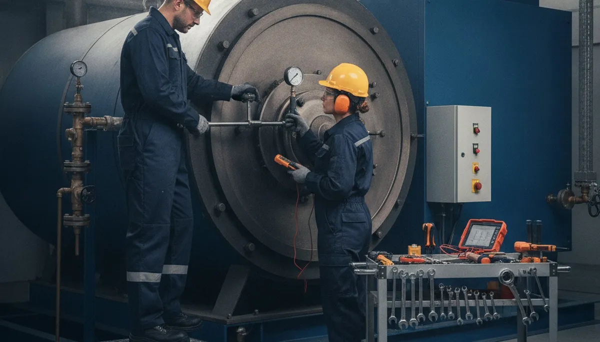Boiler repair technician servicing Knoxville, TN home heating system for emergency plumbing service